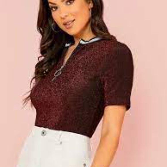 Striped Neck Zip Half Placket Glitter Top - Picture 2 of 3